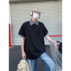 胖胖哥港风潮流复古拼接百搭polo衫短袖t恤男夏季大码宽松上衣，男装T恤，电商A007