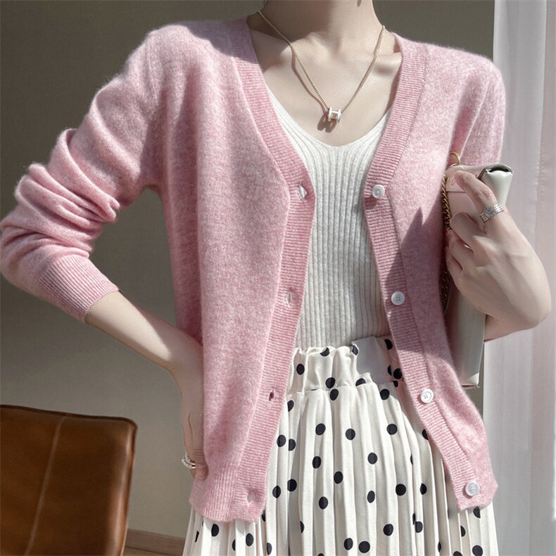 秋冬新款V领山羊绒衫针织开衫女单排扣长袖纯色套头外套百搭上衣，女装羊绒衫，轩妮羊绒