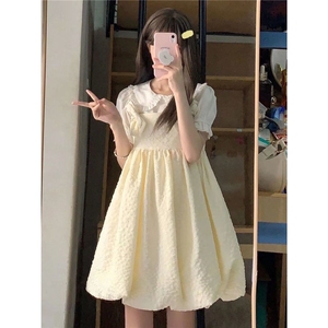 两件套装日系甜美可爱蝴蝶结奶杏色背带连衣裙女学生+娃娃领衬衫图片