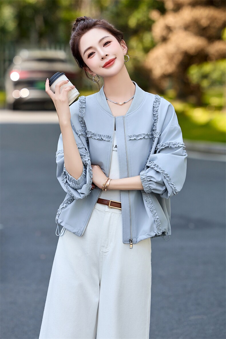 木耳花边棒球服短外套女2025春季新款时尚减龄小个子百搭开衫上衣,女装短外套,木子恋