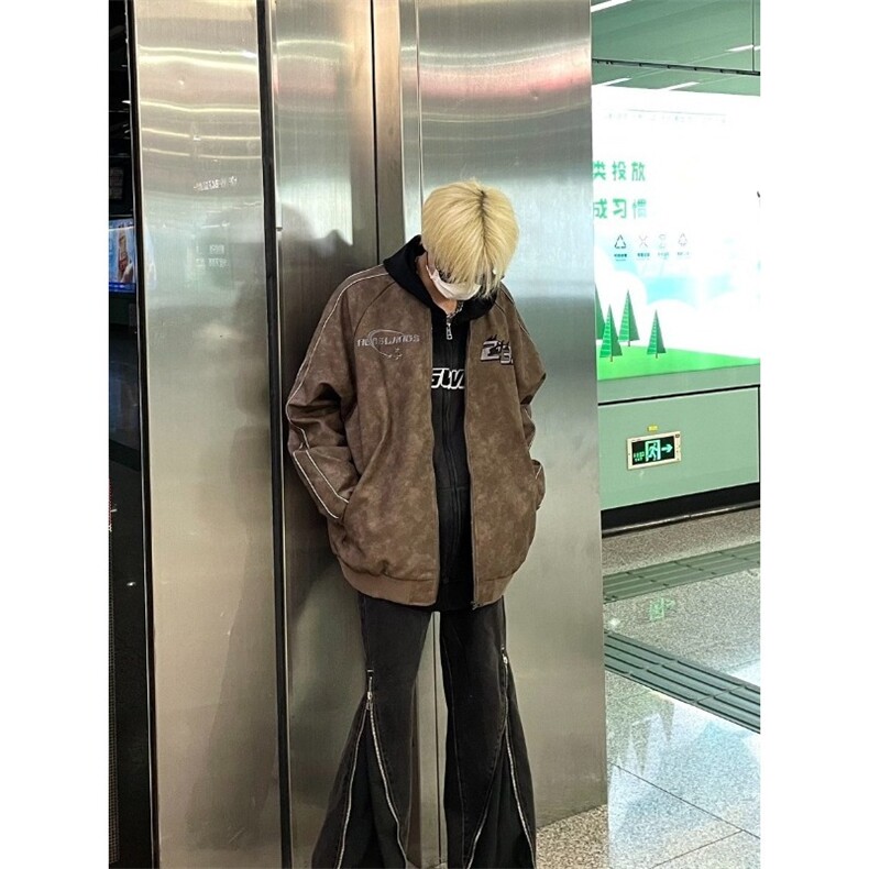 美式高街复古刺绣字母麂皮绒衣外套男款潮牌宽松嘻哈夹克棒球服，男装夹克，星座506A