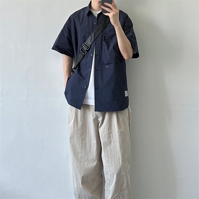 机能工装短袖衬衫纯色日系复古夏季宽松蓝色百搭衬衣半袖上衣日常,男装T恤,星座506A