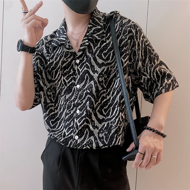 S87/P58控78夏季社会小伙复古轻奢冰丝条纹凉感衬衫男黑首1,男装衬衫,星座305B