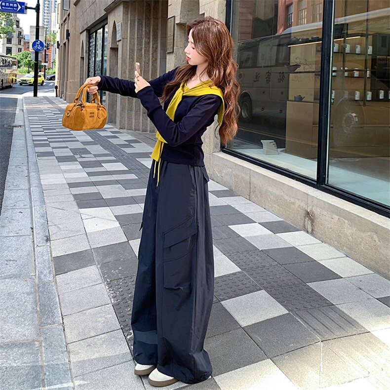 慵懒风撞色披肩长袖上衣工装阔腿裤两件套女2025秋季新款休闲套装,女装套装/套裙,纯色衣恋