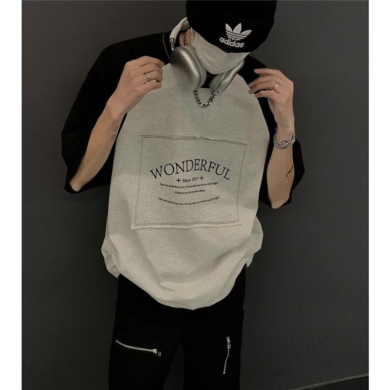 Q325-P35夏季撞色拼接短袖字母印花上衣港风个性T恤男女同款,男装T恤,星座911-1