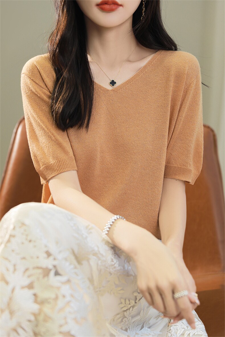 短袖女V领针织衫宽松显瘦天丝打底衫夏季基础款百搭套头亮丝上衣,女装T恤,暮绒羊羊绒