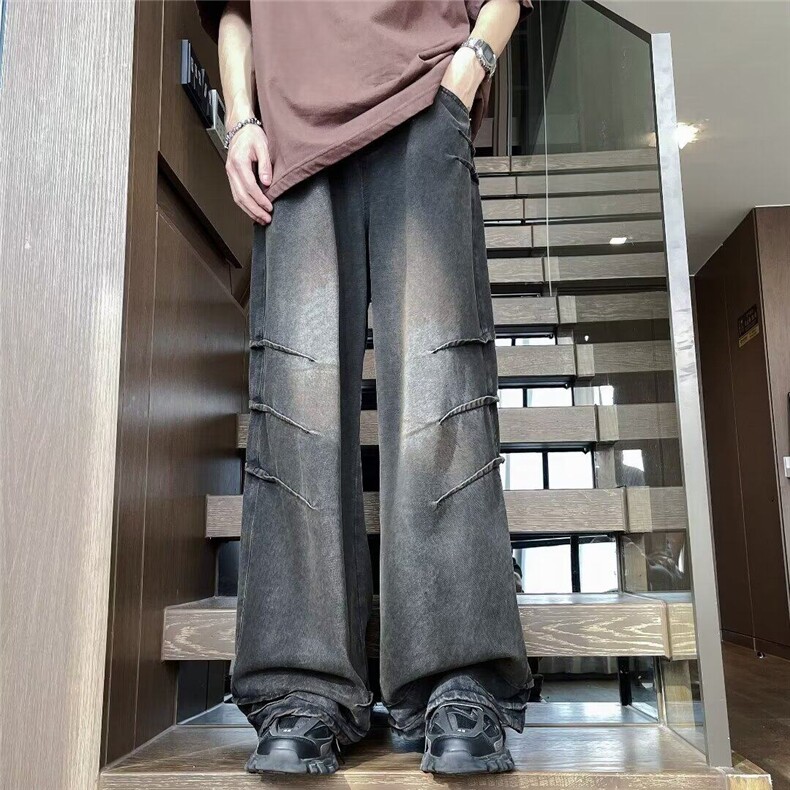 DN608-P65美式做旧水洗抓痕牛仔裤男高街小众宽松直筒阔腿裤潮牌图片
