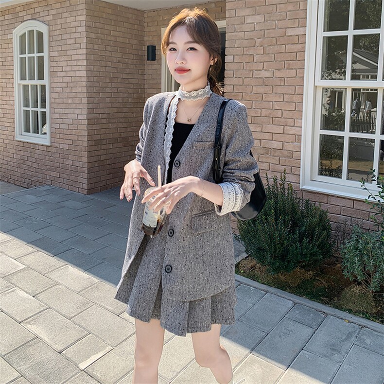 蕾丝飘带休闲西装外套女套装2025秋新款气质V领西服百褶A字短裙，女装套装/套裙，霓裳依族