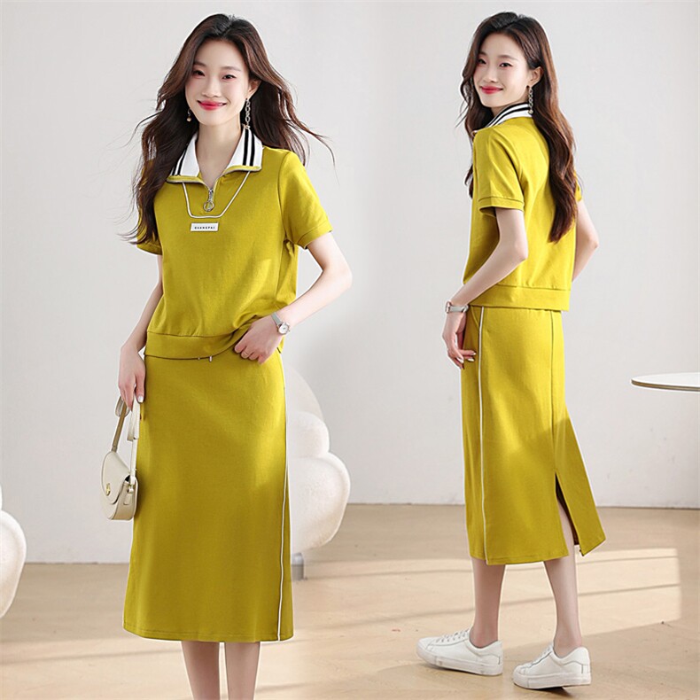 2024年夏季翻领时尚潮流短袖撞色拼接拉链显瘦减龄两件套套装裙，女装套装/套裙，江南富贵女