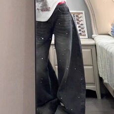 美式复古泼墨水洗灰色阔腿牛仔裤做旧宽松休闲弯刀裤子XN6072，男装牛仔裤，星座208-5