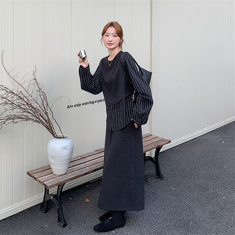韩系慵懒气质套装裙女收腰显瘦条纹拼接上衣2025新款半身裙两件套,女装套装/套裙,浙宝301