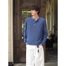 美式复古风亨利领打底衫高克重水洗男士纯色圆领长袖T恤上衣，男装T恤，星座516A