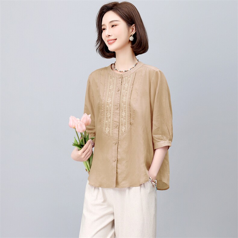 长期有货夏装新款苎麻莱赛尔衬衫新中式天丝刺绣上衣中短袖T恤女,女装衬衫,璐依舞