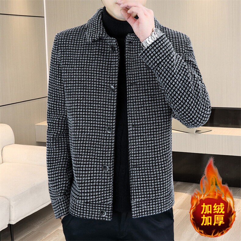 冬季新款男士翻领毛呢大衣加绒加厚夹克外套上衣D19P135图片