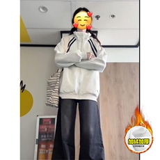 480G重磅加绒硬挺boxy男女秋冬美式高街织带撞色立领卫衣开衫外套，女装短外套，电商A486