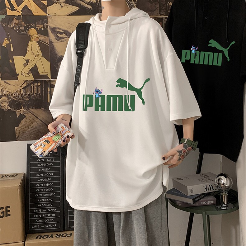 LD54227-P45连帽短袖t恤男大码胖子带帽五分袖中袖,男装T恤,电商A040