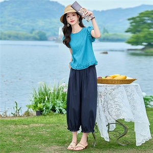 2026年夏季花苞袖设计款衬衫裤子两件套套装女图片