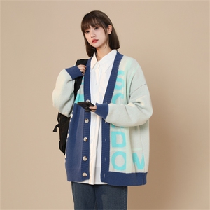 M8170/P75冬季复古文艺针织开衫新款V领拼色慵懒?男女潮牌毛衣图片