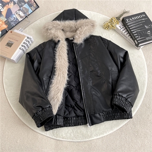 加绒加厚冬款男女连帽棉衣扎染PU皮棉袄毛领保暖皮棉服MY94 P110图片