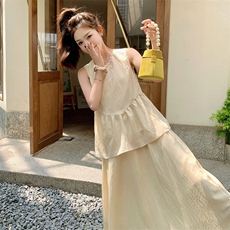清冷感禅意新中式仿天丝珍珠领无袖背心裙2件套8811-P125-K175，女装连衣裙，2C317A