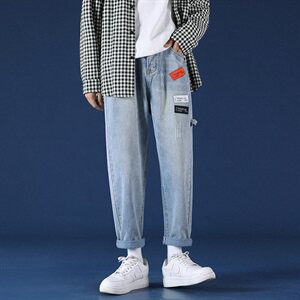 2021春秋季新大码男蒙马特港风刮烂贴布直筒九分裤牛仔裤N8001-P45图片