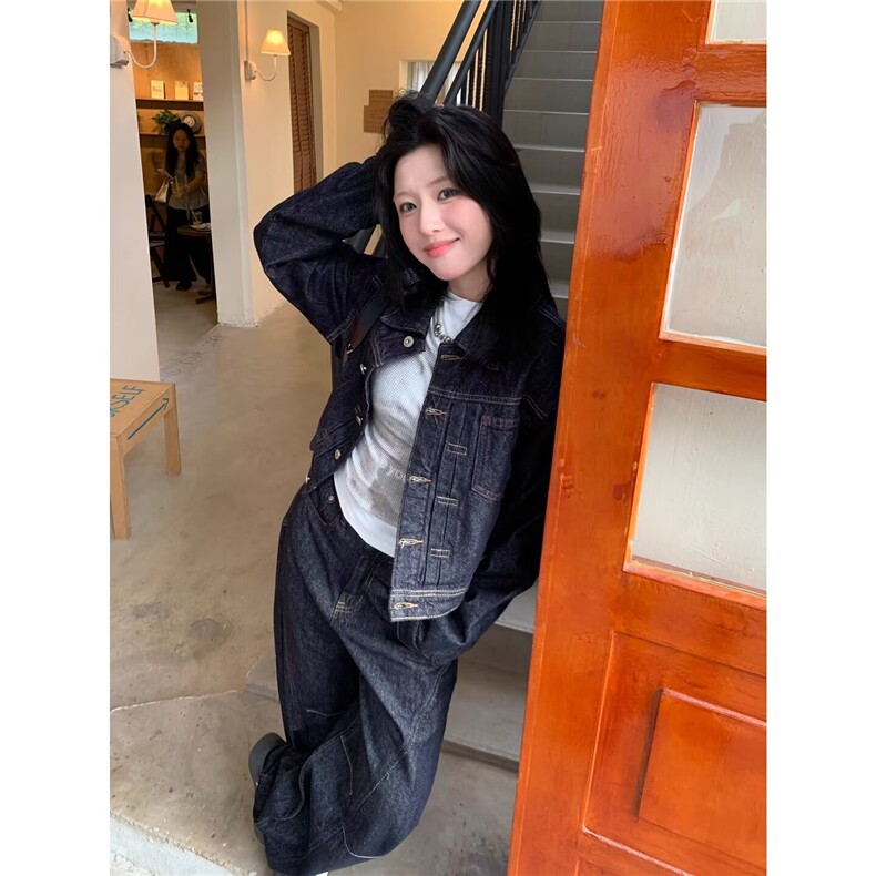 工装风短款牛仔外套女秋季复古情侣通勤翻领夹克衫LF40100-P67,男装工装外套,星座1008