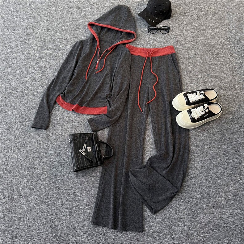 女春季新款韩版气质显瘦设计感撞色拼接连帽长袖上衣直筒裤两件套，女装套装/套裙，江南