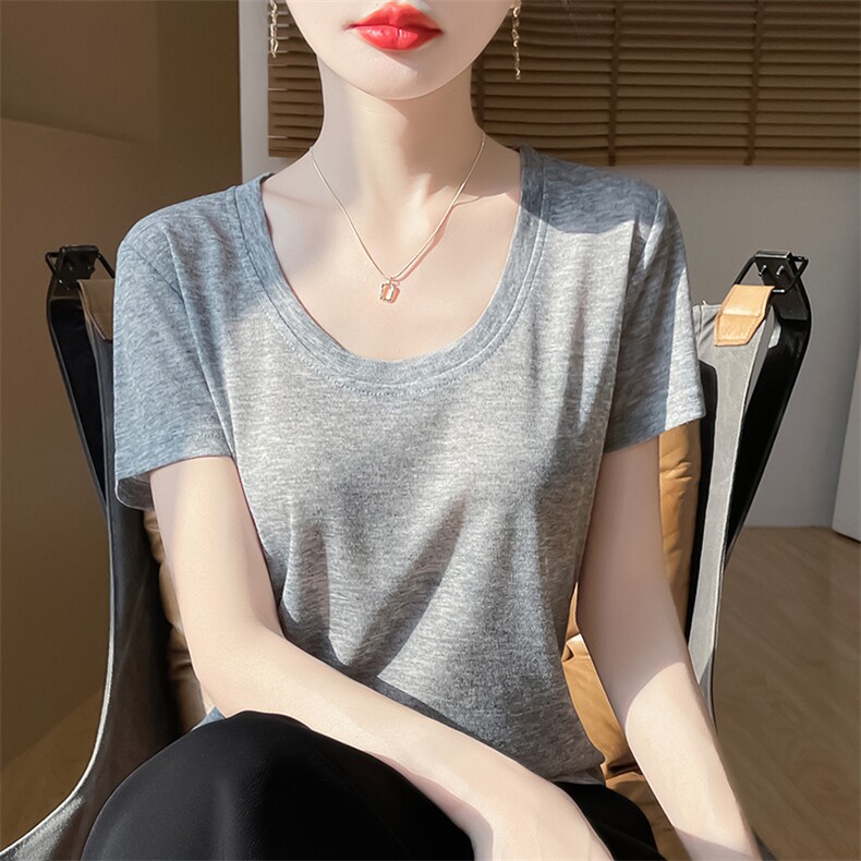 U领新款针织女短袖纯色简约百搭宽松套头,针织衫/毛衣,绒宛羊绒