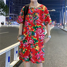 TZ203男女休闲东北大花短袖圆领T恤衫短裤可套装单选团队服风，男装休闲套装，星座115A(原星座507）