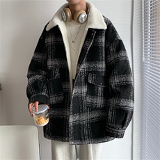 毛呢羊羔绒外套秋冬格子加绒加厚棉服美式高街外套A170-M809-P128，男装棉衣，电商A170