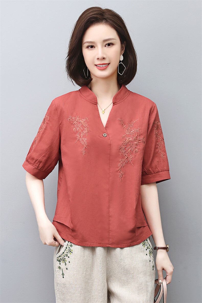 2025夏季新款亚麻休闲时尚高端苎麻上衣中年妈妈棉麻女,女装T恤,涵誉