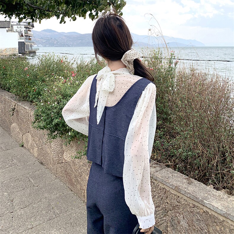 休闲减龄穿搭衬衫套装女初春秋超火好看高级小众背心阔腿裤三件套,女装套装/套裙,2C133