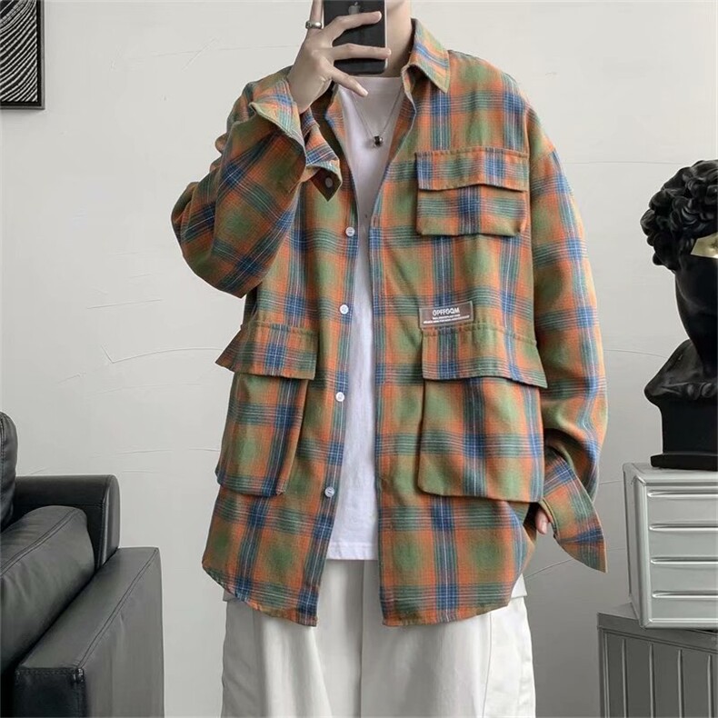 盐系格子衬衫男春秋款长袖韩版上衣时尚宽松衬衣外套W1170-P38,男装衬衫,星座512-2