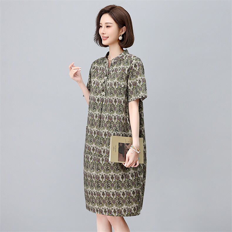 纯棉印花连衣裙女夏2025新款中年妈妈宽松大码遮肚子显瘦减龄裙子,女装连衣裙,依恋蒂丝
