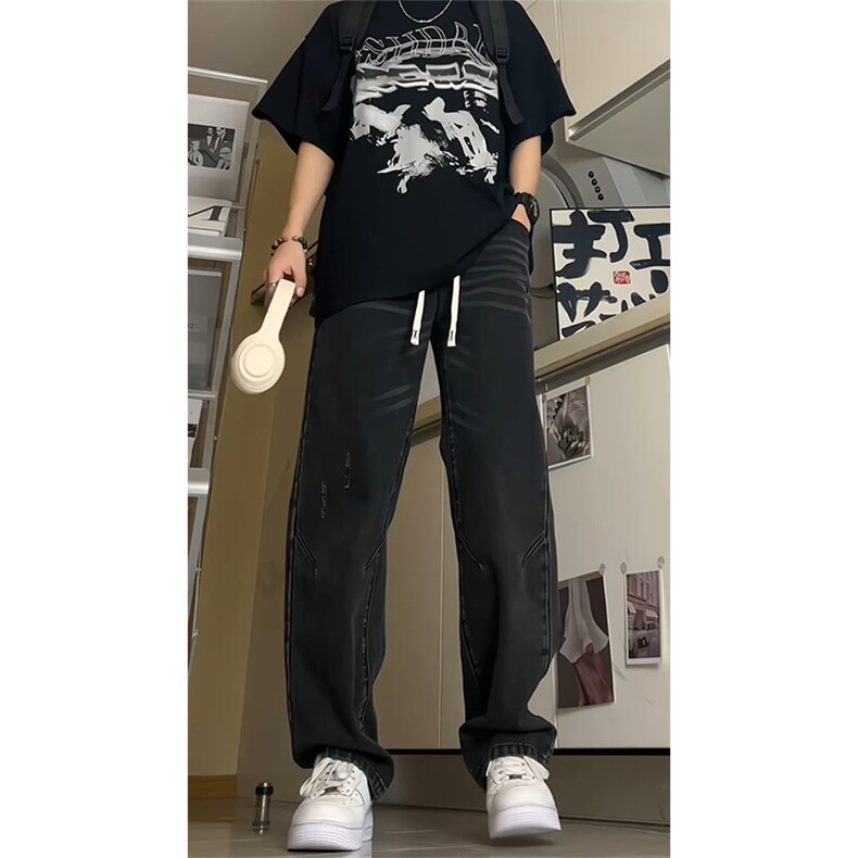 高品质美式复古做旧水洗微喇叭显瘦牛仔裤A438特P50图片