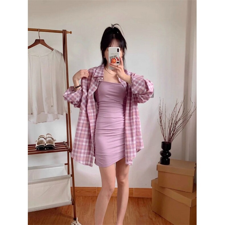 TC557-P45慵懒印花透气薄新款时尚紫色格子长袖衬衫，女装衬衫，星座617A-2