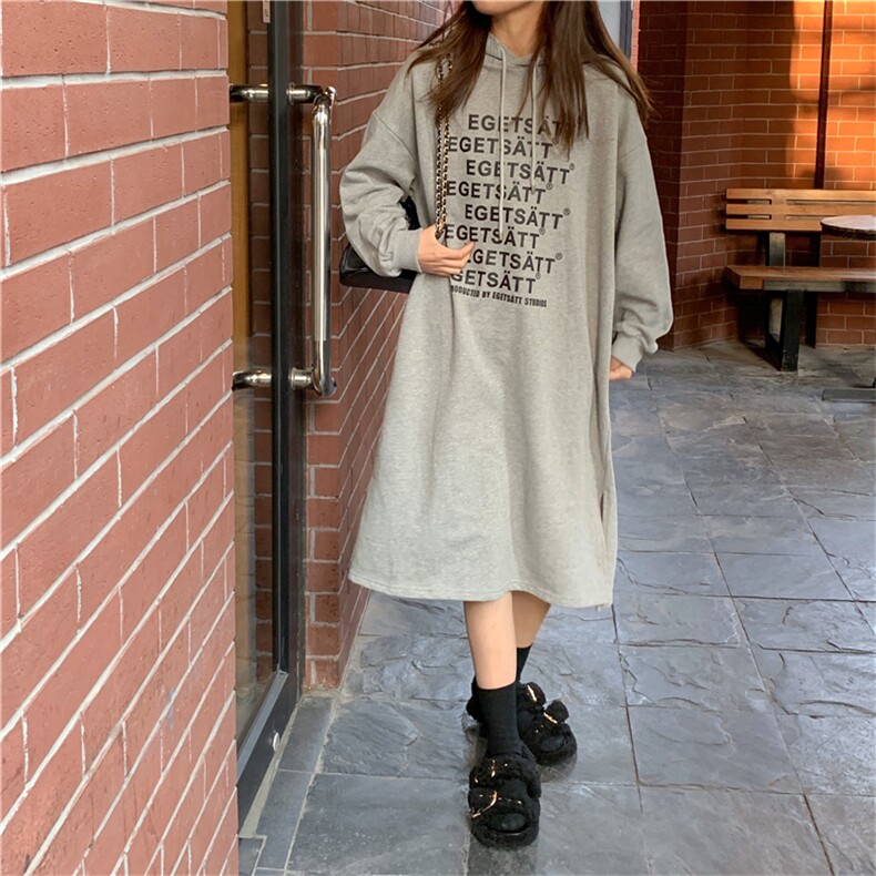 秋连帽中长款连衣裙长袖宽松卫衣女E642-P50图片