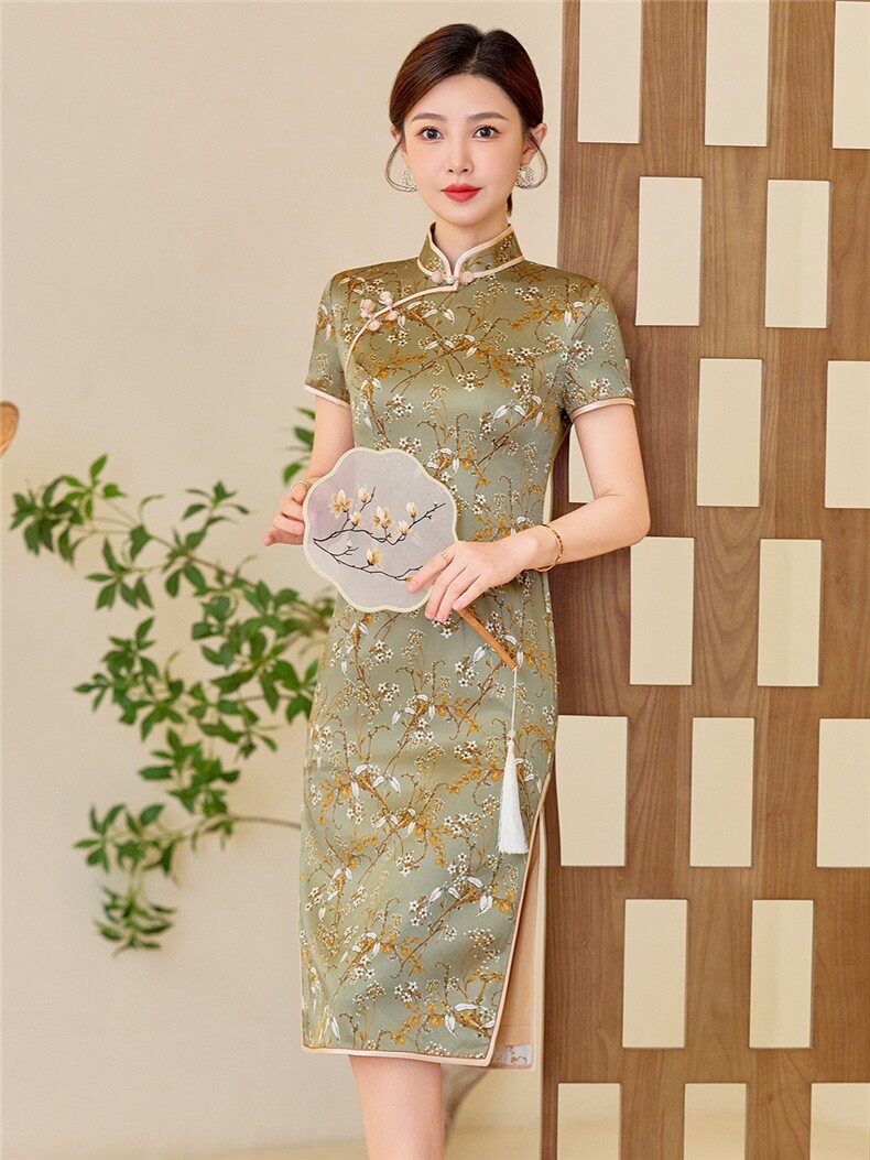 杭州品质真丝中长裙复古印花连衣裙女春夏日常修身潮流真丝旗袍,女装汉服/婚纱/旗袍/礼服,小荷流