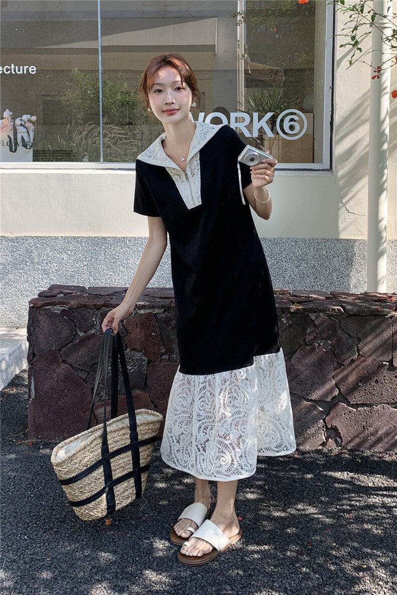 黑色蕾丝拼接连衣裙女中长款2025夏新款法式显瘦气质设计感鱼尾裙,女装连衣裙,秋水欣儿