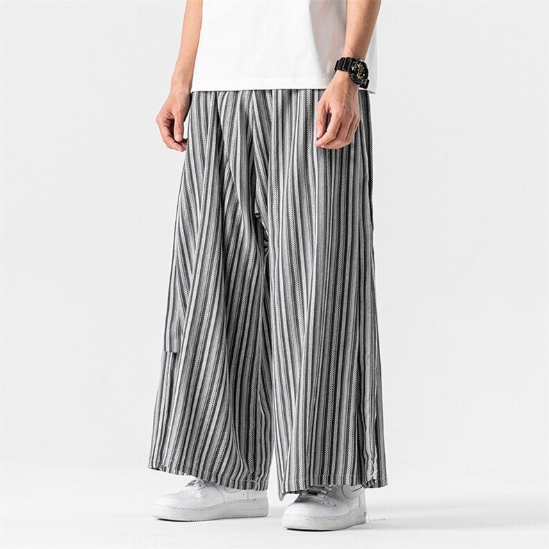 夏季新款大码日系棉麻复古条纹裤直筒阔腿裤中式汉服K257/P75，男装民族服装，电商A221A