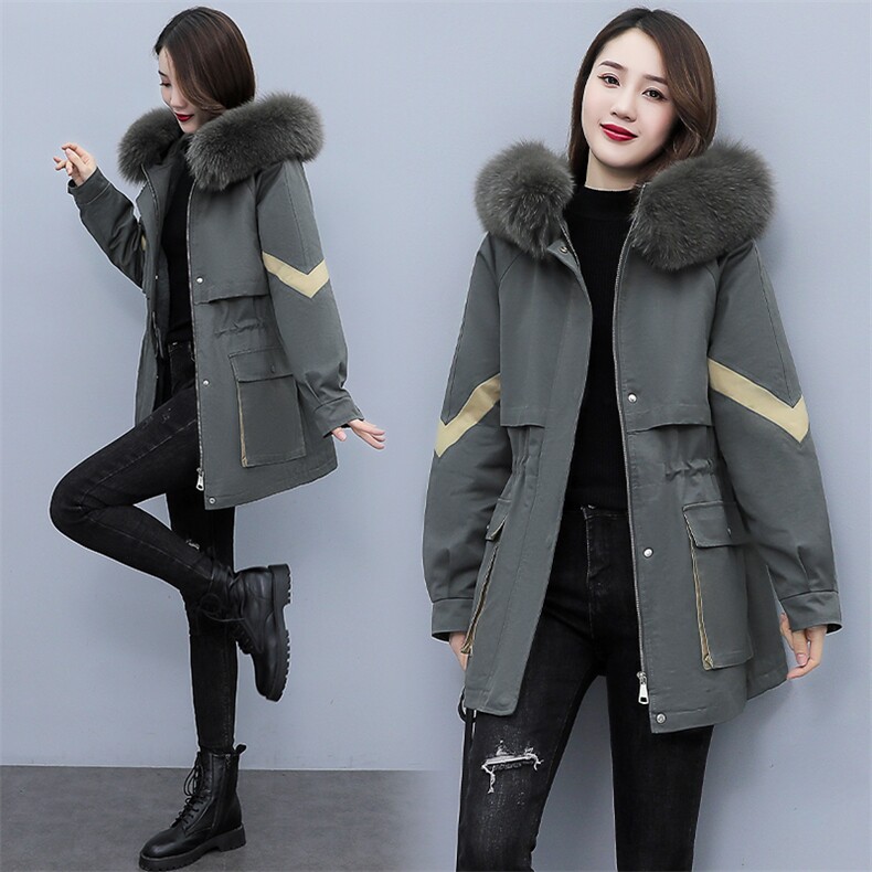 现货！！2021年冬季新款女装中长款长袖休闲撞色派克服棉服棉衣，女装棉衣/棉服，奕薇雅