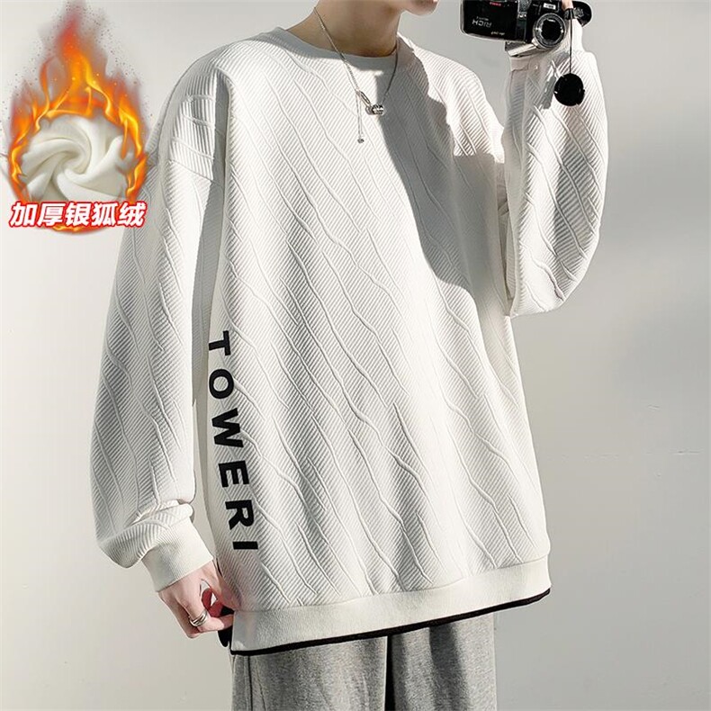 新款纹理感假两件青少年字母印花宽松卫衣男W332J加绒-特P48控88,男装卫衣,电商A001