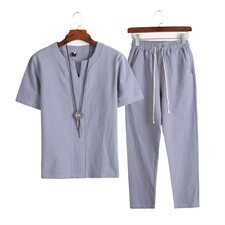 DY19*夏季中老年棉麻短袖V领T恤套装长裤两件套装男灰蓝*P55，男装T恤，星座1516（原B303）