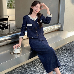 时尚休闲套装春秋新款女装气质小香风长裙两件套设计感港风牛仔裙图片