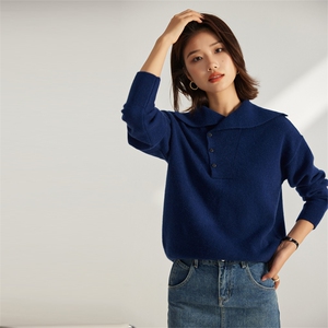 秋冬季羊绒休闲百搭时尚7针3粒扣斜翻领套头衫，女装羊绒衫，英集羊绒