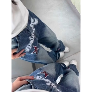 复古蓝弯刀微喇牛仔裤男女美式工装裤子宽松阔腿高腰直筒裤图片