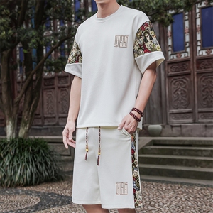 夏季拼接男士休闲运动套装男宽松刺绣T恤一套潮A266-TZ8807-P47,驼绒红色套装搭配图片图片