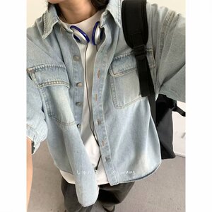 夏日系水洗做旧短袖牛仔衬衫复古潮牌翻领工装衬衣外套XCS48