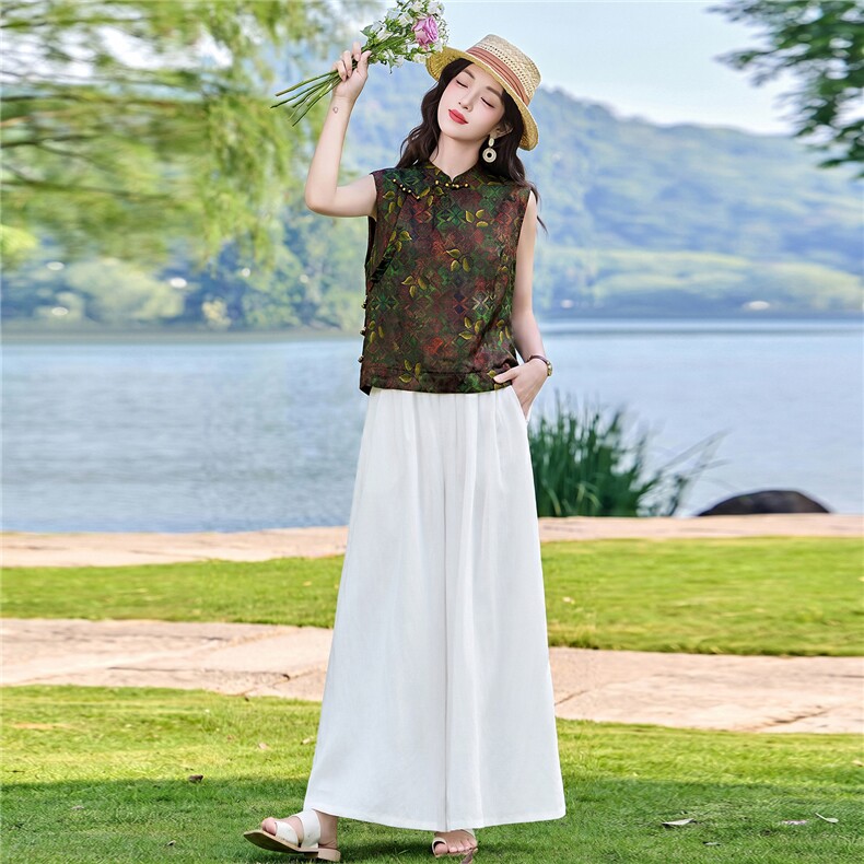 现货2026年夏季新中式上衣麻料阔腿裤子，可分开卖,女装套装/套裙,艾仟回(原伊仟回)