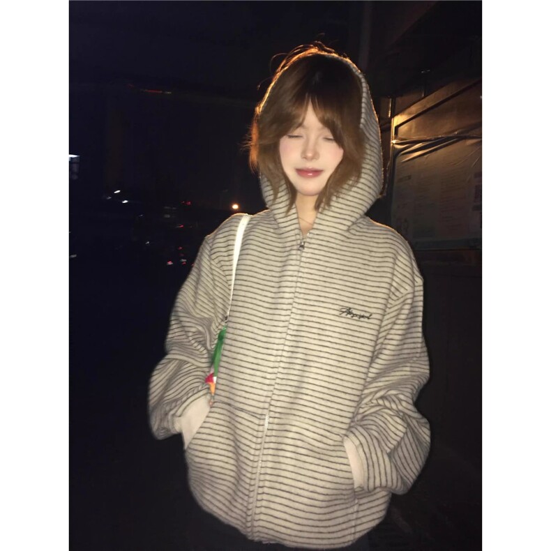 美式高街条纹设计感连帽卫衣男款秋季新款潮牌宽松情侣青少年外套,女装短外套,星座516A